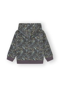 Sudadera con capucha de manga larga para niño, con estampado abstracto de animales multicolor y puños y dobladillo de canalé, mostrada desde la parte de atrás.