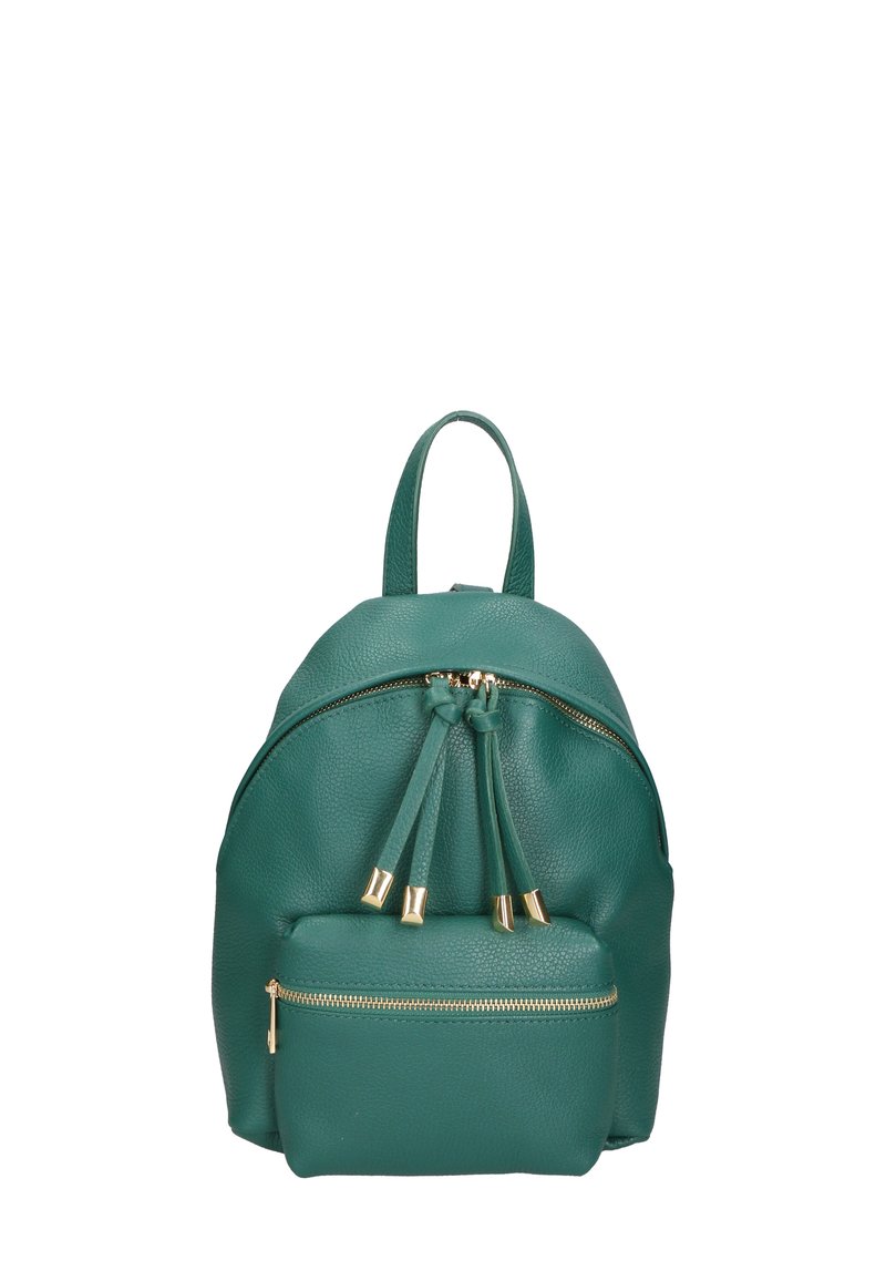 Zaino in pelle color teal con design arrotondato, caratterizzato da dettagli delle cerniere in oro e una tasca frontale. Presenta due spallacci regolabili e una maniglia superiore.