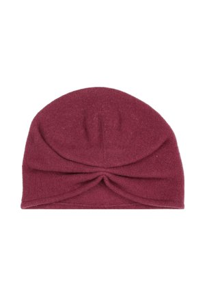 Berretto di maglia morbidamente rosso scuro con dettaglio a nastro raccolto nella parte anteriore, progettato per calore e stile.