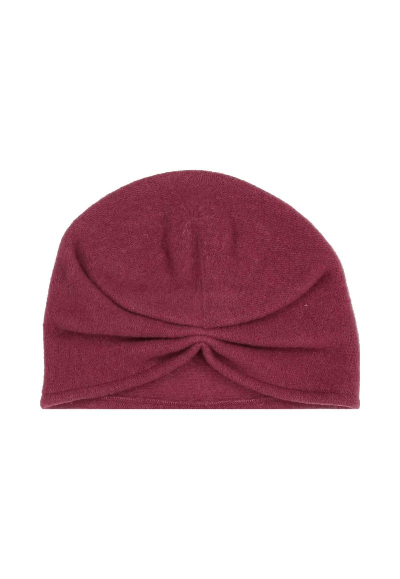 Mjuk, mörkröd stickad mössa med en samlad vridning fram, designad för värme och stil.