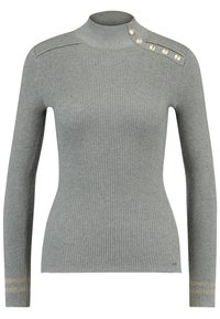 Harmaa ribbineuloksinen neule, jossa korkea kaulus ja kullanväriset napit olkapäällä sekä kulta-raidoitetut hihansuut. Pinnaltaan teksturoitu neuloskangas.