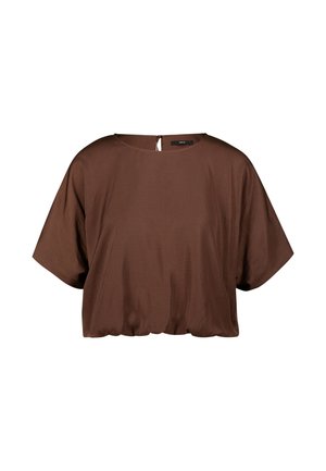 Brown short-sleeve blouse with a round neckline and back keyhole opening. Made of smooth fabric with a relaxed fit and gathered hem detail.