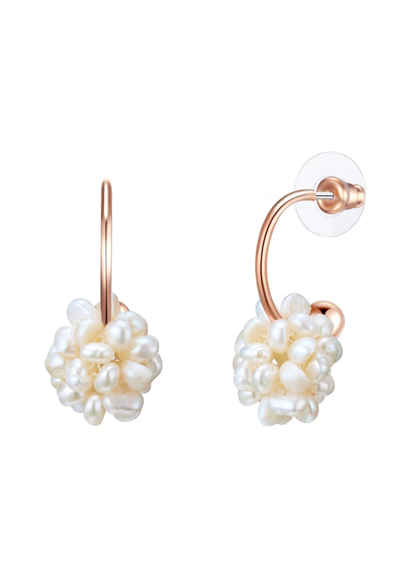 Rausvai auksiniai auskarai su netaisyklingų baltųjų perlų klasteriu, turinčiu lygų paviršių, pritvirtinti prie plonos žiedo formos konstrukcijos. Į komplektą įeina skaidri atrama.