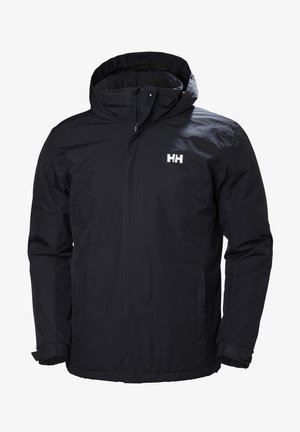 Veste imperméable noire avec capuche, fermeture éclair à l'avant et deux poches latérales. Présente un logo sur la poitrine gauche et des poignets élastiques.