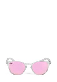 Clear plastic sunglasses with pink mirrored lenses. Cat-eye shape with smooth texture and subtle branding on the left lens.