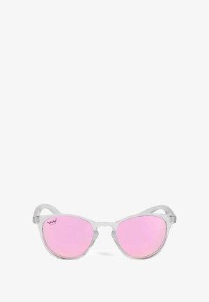 Clear plastic sunglasses with pink mirrored lenses. Cat-eye shape with smooth texture and subtle branding on the left lens.