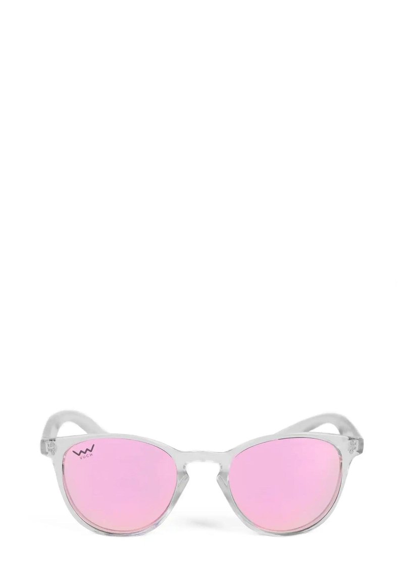 Clear plastic sunglasses with pink mirrored lenses. Cat-eye shape with smooth texture and subtle branding on the left lens.