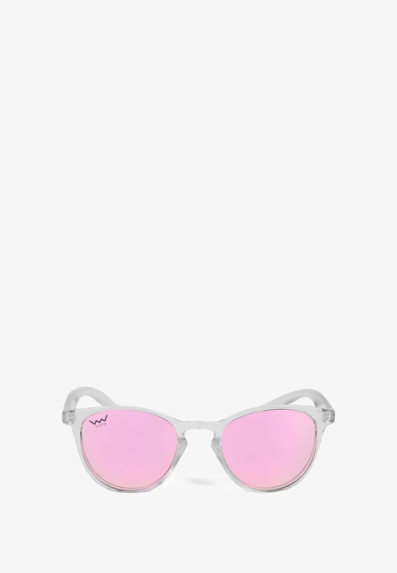 Clear plastic sunglasses with pink mirrored lenses. Cat-eye shape with smooth texture and subtle branding on the left lens.