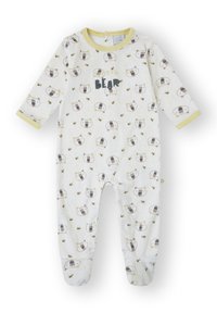 Mono para bebé de algodón blanco con mangas largas, con un patrón repetido de osos y detalles en amarillo. Cierre de broches en la parte inferior para facilitar el vestido.