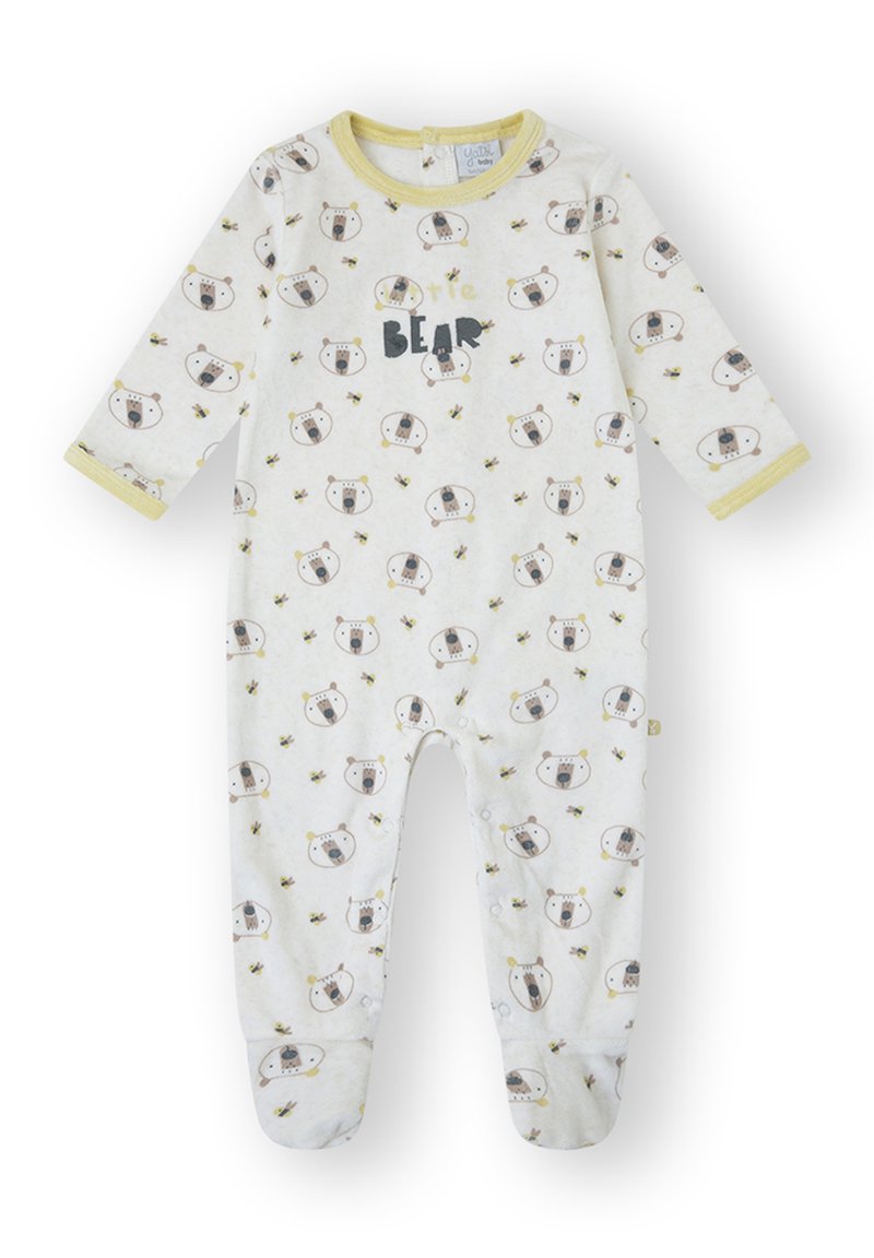 Mono para bebé de algodón blanco con mangas largas, con un patrón repetido de osos y detalles en amarillo. Cierre de broches en la parte inferior para facilitar el vestido.