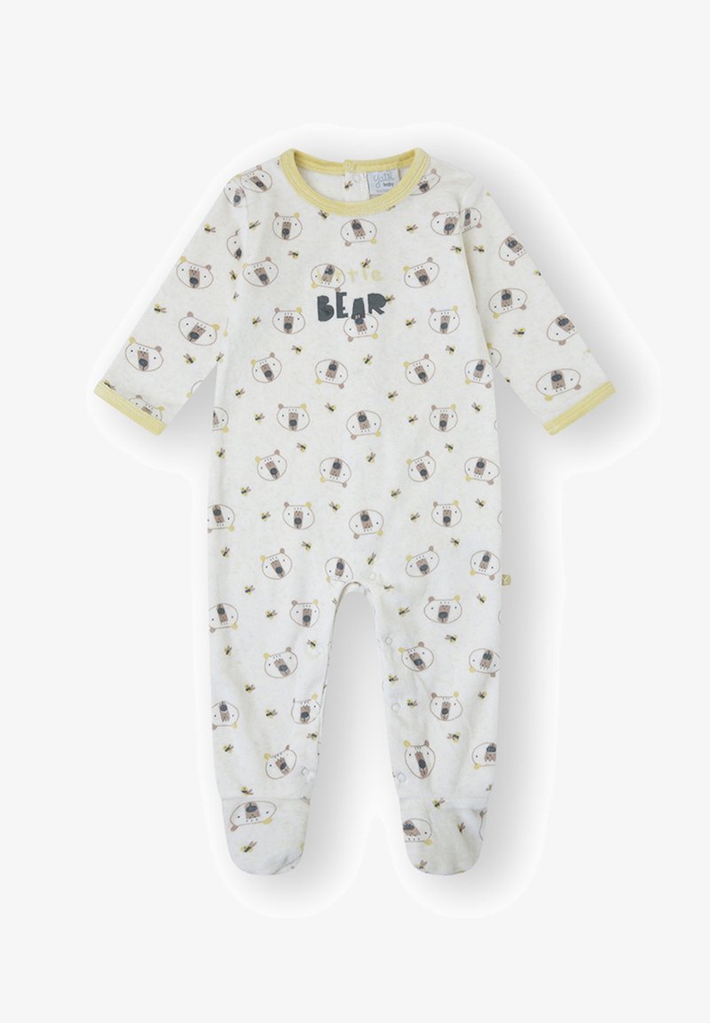 Mono para bebé de algodón blanco con mangas largas, con un patrón repetido de osos y detalles en amarillo. Cierre de broches en la parte inferior para facilitar el vestido.