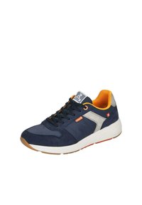 Navy blue athletic shoe with a suede and fabric upper. Features grey accents, orange lining, and a white sole with a textured finish.