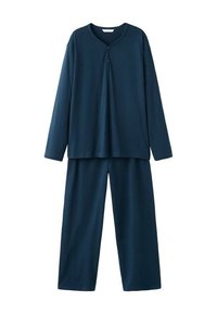 Conjunto de ropa cómoda en azul marino que incluye una camiseta de manga larga con cuello Henley y dos botones, combinada con pantalones de pierna ancha del mismo material.