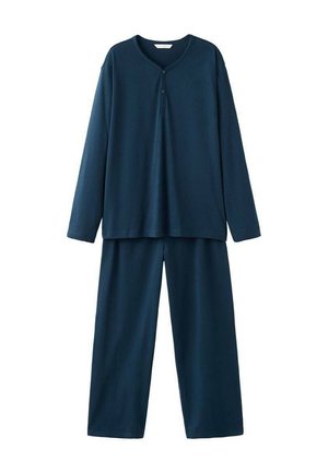 Marineblå loungewear-sæt med en langærmet top med Henley-hals og to knapper, kombineret med vidde bukser i lignende materiale.
