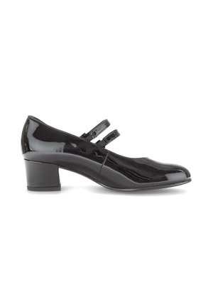 Black patent leather heeled shoes with a rounded toe, two adjustable straps across the instep, and a mid-height block heel.