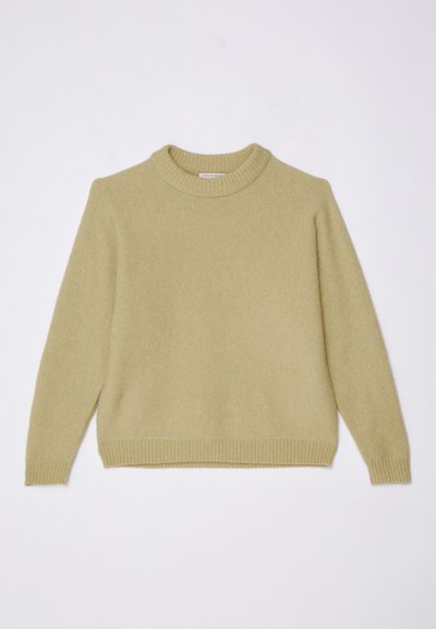 Světle olivově zelený svetr vyrobený z měkké tkaniny, s vysokým límcem, dlouhými rukávy a ribovanými manžetami a lemem pro zvýšení textury.