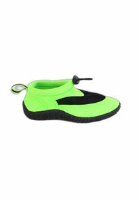 Neongrüne Schwimmschuhe aus leichtem Mesh und Gummi, mit einem schwarzen Mesh-Einsatz, runder Zehenpartie und verstellbarem Zugband für einen sicheren Sitz.