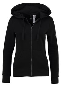 Sweat à capuche zippé noir en mélange de coton, avec une capuche doublée, des cordons de serrage et des poches avant. Logo Adidas sur la manche gauche.