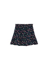 Zwarte rok met een geplooide tailleband, voorzien van een kleurrijke tropische print van palmbomen en flamingo's, met een uitlopende zoom.