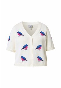 Witte cardigan met korte mouwen, blauw- en roze vogelpatroon, V-hals en knoopsluiting aan de voorkant.