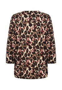 Blouse met luipaardprint, voorzien van korte mouwen, een relaxte pasvorm en een ronde halslijn in een mix van bruin, rood en roomkleuren.