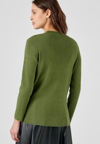 Pull vert côtelé avec des manches longues et un col rond, présentant un tissu texturé et une coupe ajustée, affiché de l'arrière.