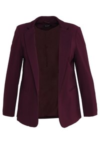 Bordeaux op maat gemaakte blazer van een gestructureerde stof, met notch revers en twee voorzakken. Open voorkant ontwerp, zonder knopen of sluitingen.