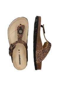 Bruine en zwarte sandalen met vlekken, voorzien van een kurken voetbed, verstelbare riem en een gekorrelde rubberen zool; open ontwerp voor ademend vermogen.