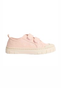 Rosa canvas sneakers med dubbla Velcro-remmar, blommig broderidetalj, rund tå och krämfärgad gummisula.