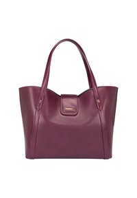 Burgundy leather tote bag with a smooth texture, dual shoulder straps, a magnetic closure, and a gold logo accent on the front.