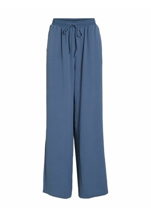 Blauwe wijde broek van lichtgewicht stof met een gekreukt textuur, voorzien van een elastische tailleband en een verstelbaar trekkoord voor comfort.