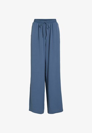 Blå vide bukser i let materiale med en krøllet tekstur, der har elastisk talje og justerbar snor for komfort.