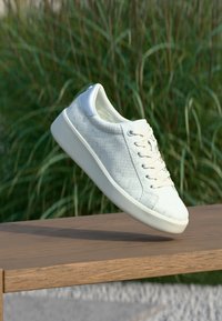 Baskets blanches texturées avec lacets flottant au-dessus d'un banc en bois, hautes herbes vertes floues en arrière-plan en plein air.