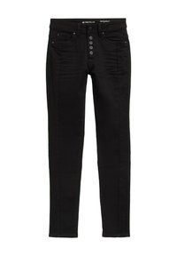 Černé džíny s vysokým pasem a slim fit, pět kapes a zapínání na pět knoflíků. Hladký povrch a minimální detaily hardware.