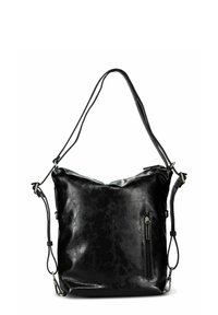 Sac à main en cuir noir avec une finition texturée, forme triangulaire, bandoulière réglable et une poche latérale zippée pour plus de fonctionnalité.