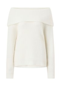 Hvid strikbluse med off-the-shoulder-design, ribbet tekstur, lange ærmer og afslappet pasform. Har et bredt, foldet halsudskæring og ribbede manchetter.
