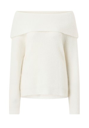 Off-shoulder witte gebreide trui met ribbelstructuur, lange mouwen en een ontspannen pasvorm. Heeft een brede, gevouwen halslijn en ribgebreide boorden.
