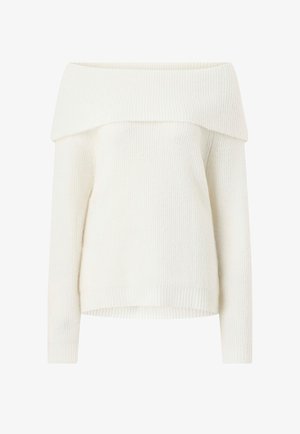 Off-shoulder witte gebreide trui met ribbelstructuur, lange mouwen en een ontspannen pasvorm. Heeft een brede, gevouwen halslijn en ribgebreide boorden.