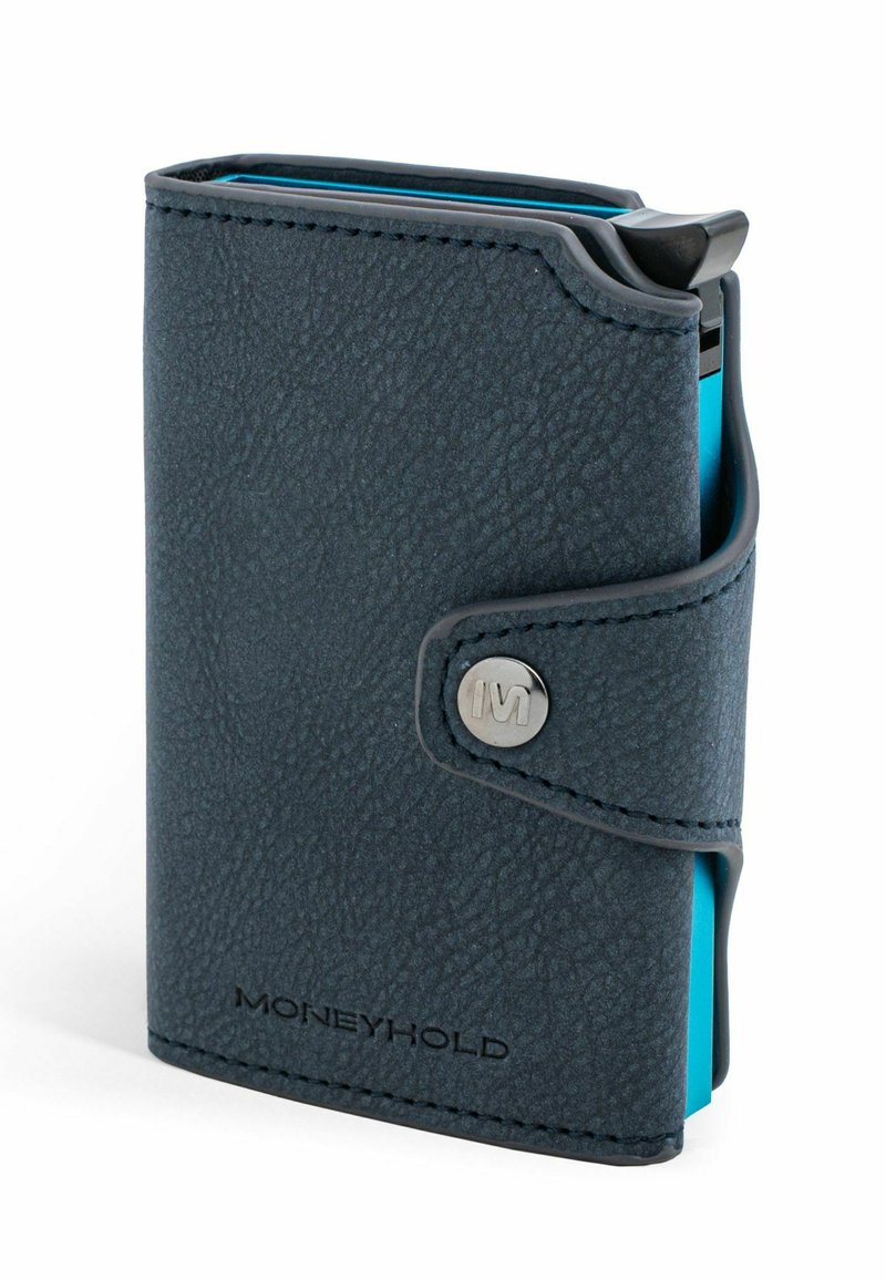 Portofel din piele texturată de culoare albastru închis, cu închidere printr-un buton argintiu și un accent de interior albastru. Prezintă logo-ul "MONEYHOLD" gravat pe față.