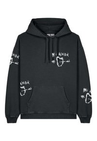 Juoda medvilninė hoodie su priekinėmis kišenėmis. Tekstas "Mi Amor" baltos spalvos abiejose rankovėse ir priekyje, papuoštas širdies ir strėlių grafika.