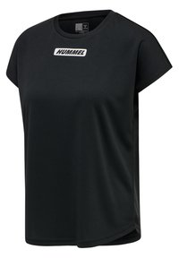 Black short-sleeve athletic shirt made of soft, breathable fabric. Features a white "HUMMEL" logo on the front and a relaxed fit design.