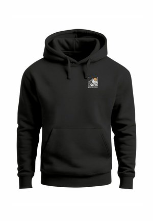 Schwarzer Kapuzenpullover aus weichem Stoff mit Kängurutasche, gerippten Bündchen und einem grafischen Logo mit Bergen und Sonne.