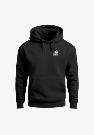 Schwarzer Kapuzenpullover aus weichem Stoff mit Kängurutasche, gerippten Bündchen und einem grafischen Logo mit Bergen und Sonne.