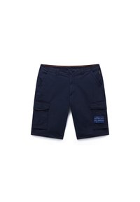 Merisiniset cargo-shortsit puuvillasekoitetta, joissa on kaksi sivutaskua, kaksi etutaskua läpällä ja koristeellinen lippukuvioinen merkki.