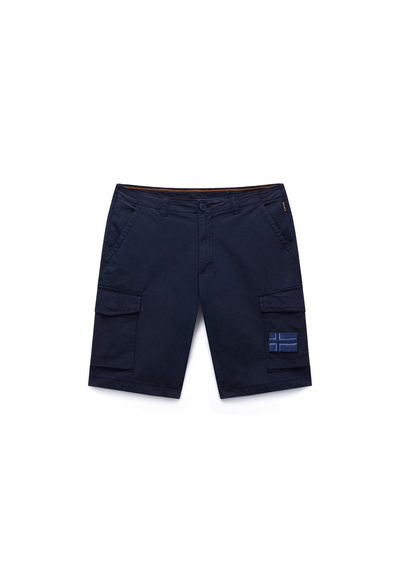 Merisiniset cargo-shortsit puuvillasekoitetta, joissa on kaksi sivutaskua, kaksi etutaskua läpällä ja koristeellinen lippukuvioinen merkki.