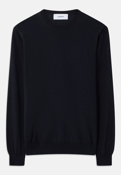 Black crew neck sweater made from a smooth knit fabric. Long sleeves with fitted cuffs and a relaxed fit throughout the body.