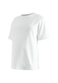 Weißes Baumwoll-T-Shirt mit kurzen Ärmeln, rundem Ausschnitt, entspanntem Schnitt, glatter Textur und ohne sichtbare Muster oder Verzierungen.