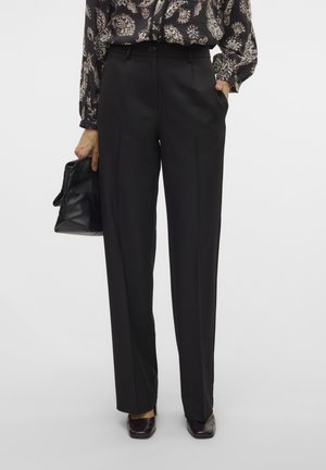 Zwarte op maat gemaakte broek met een rechte pijpdesign, voorzien van een knoopsluiting en zijzakken. Soepele textuur en een formele uitstraling.