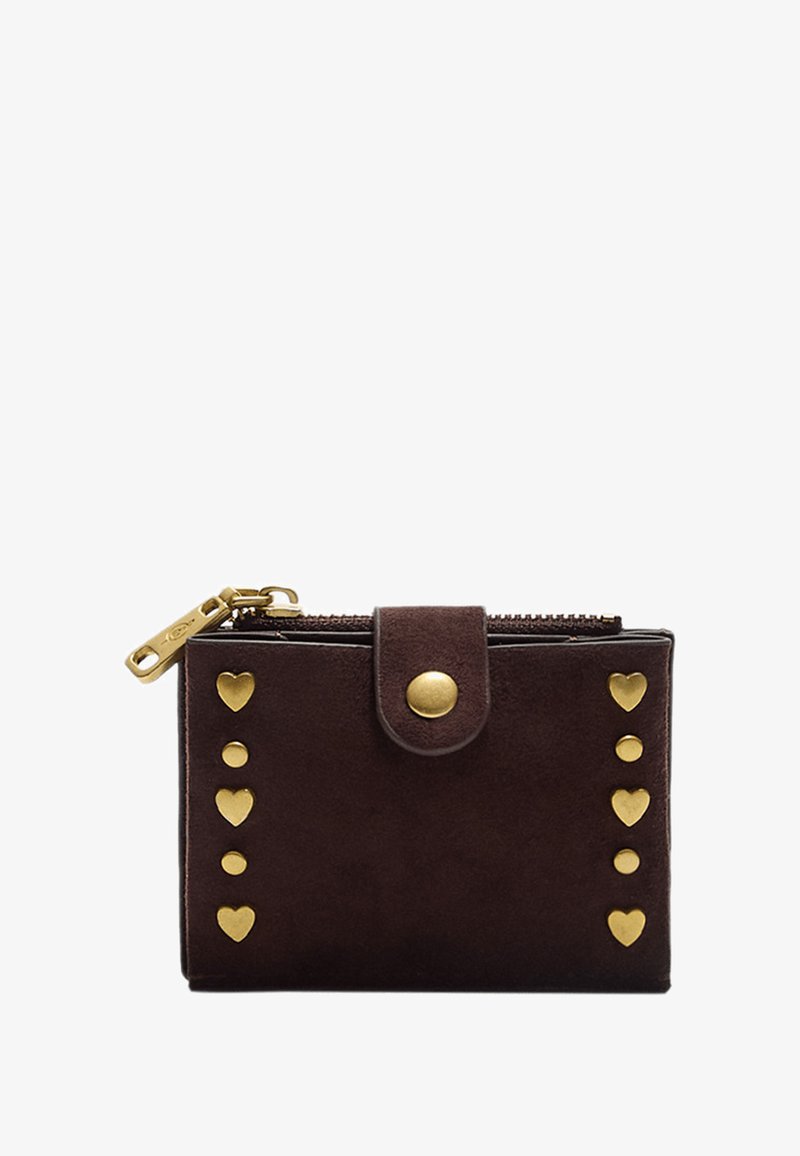 Brown suede wallet with gold-tone snap and zipper closure. Features heart-shaped studs along one side and a smooth texture.
