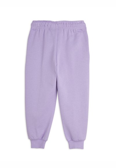 Purple sweatpants with an elastic waistband and ribbed cuffs. Made from soft, textured fabric, featuring a simple design without patterns.